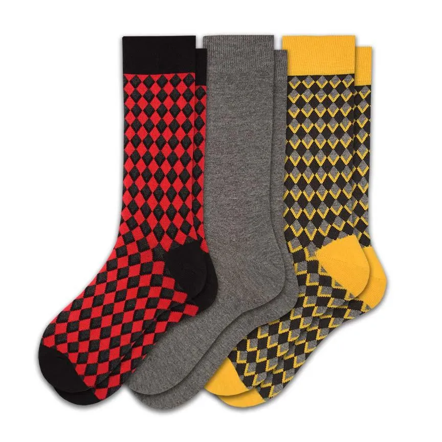 Dress Casual Combed Cotton Crew Diamond Pattern 3 Pair Pack Socks