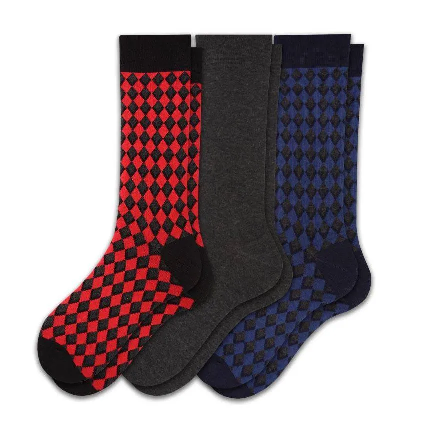 Dress Casual Combed Cotton Crew Diamond Pattern 3 Pair Pack Socks