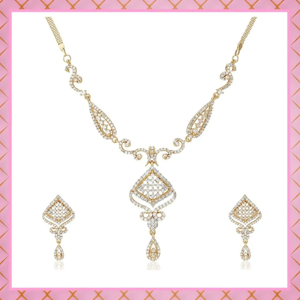 Estele 24 Kt Gold Plated Halo American Diamond Necklace Set for Women