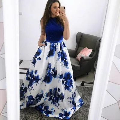 Fashion Jewel Blue A-Line Floral Long Prom Dress Formal Dress with Pockets, SP418