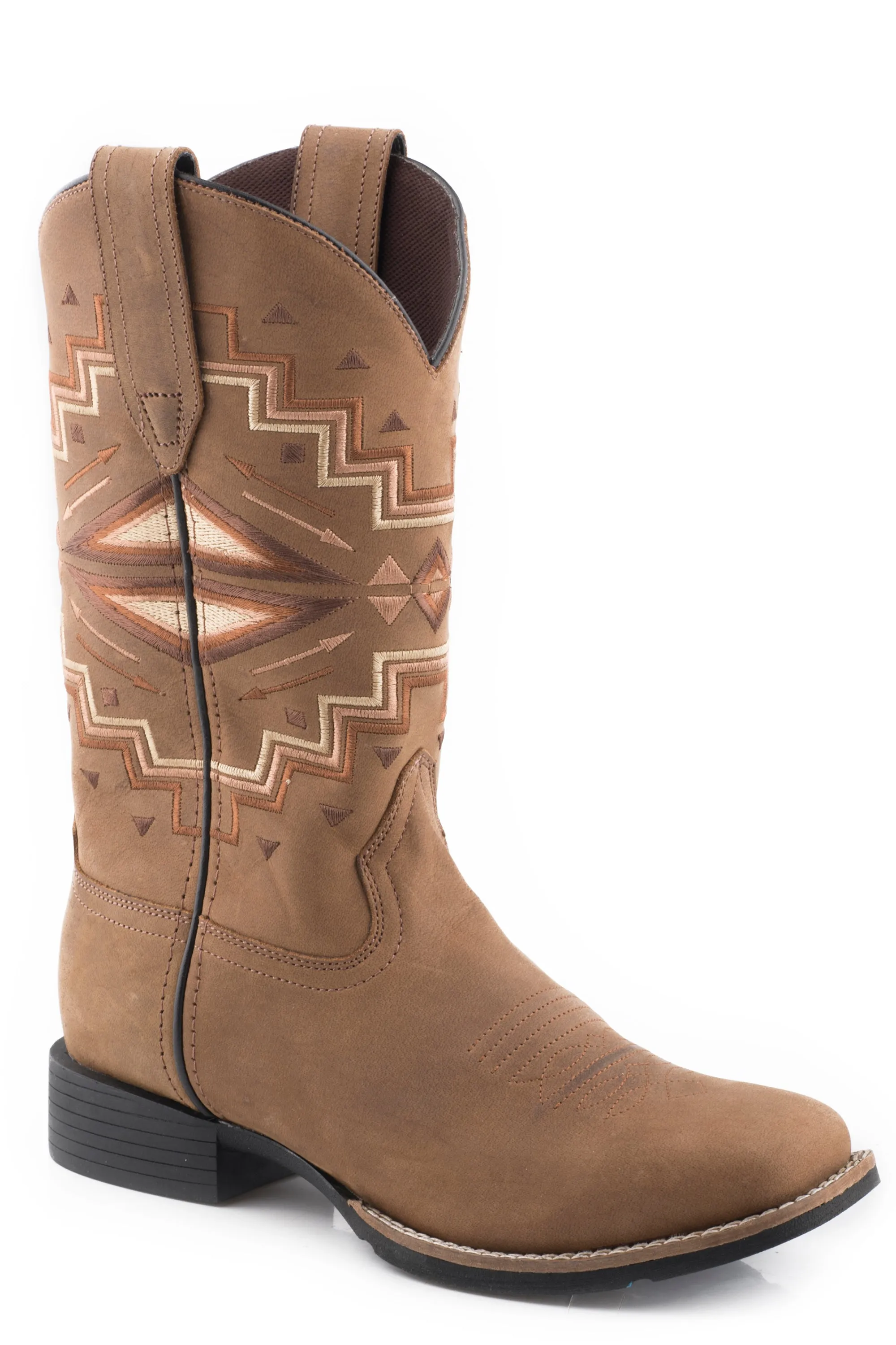 Girls Roper Burnished Tan Western Square Toe Boot w/ Embroidery On Shaft