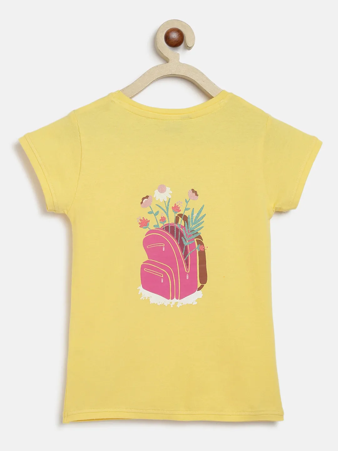 Girls Yellow Cotton Blend Embroidery T-shirt