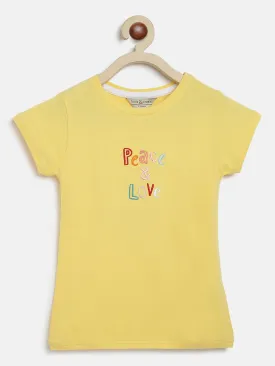 Girls Yellow Cotton Blend Embroidery T-shirt