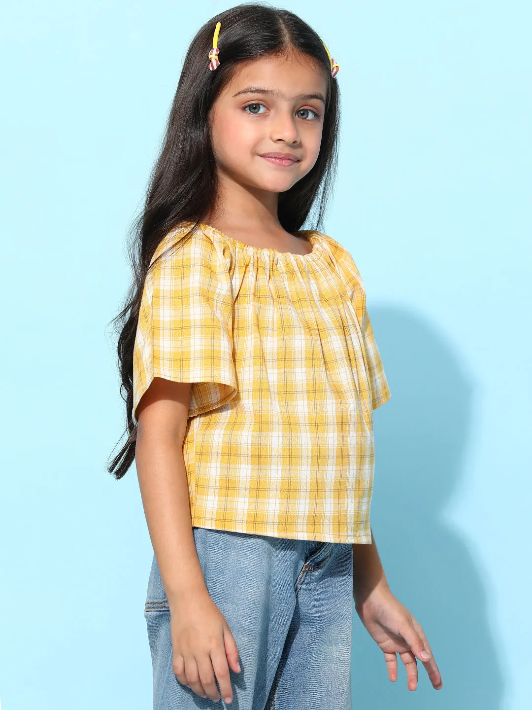 Girls Yellow Cotton Checked Regular Fit Top