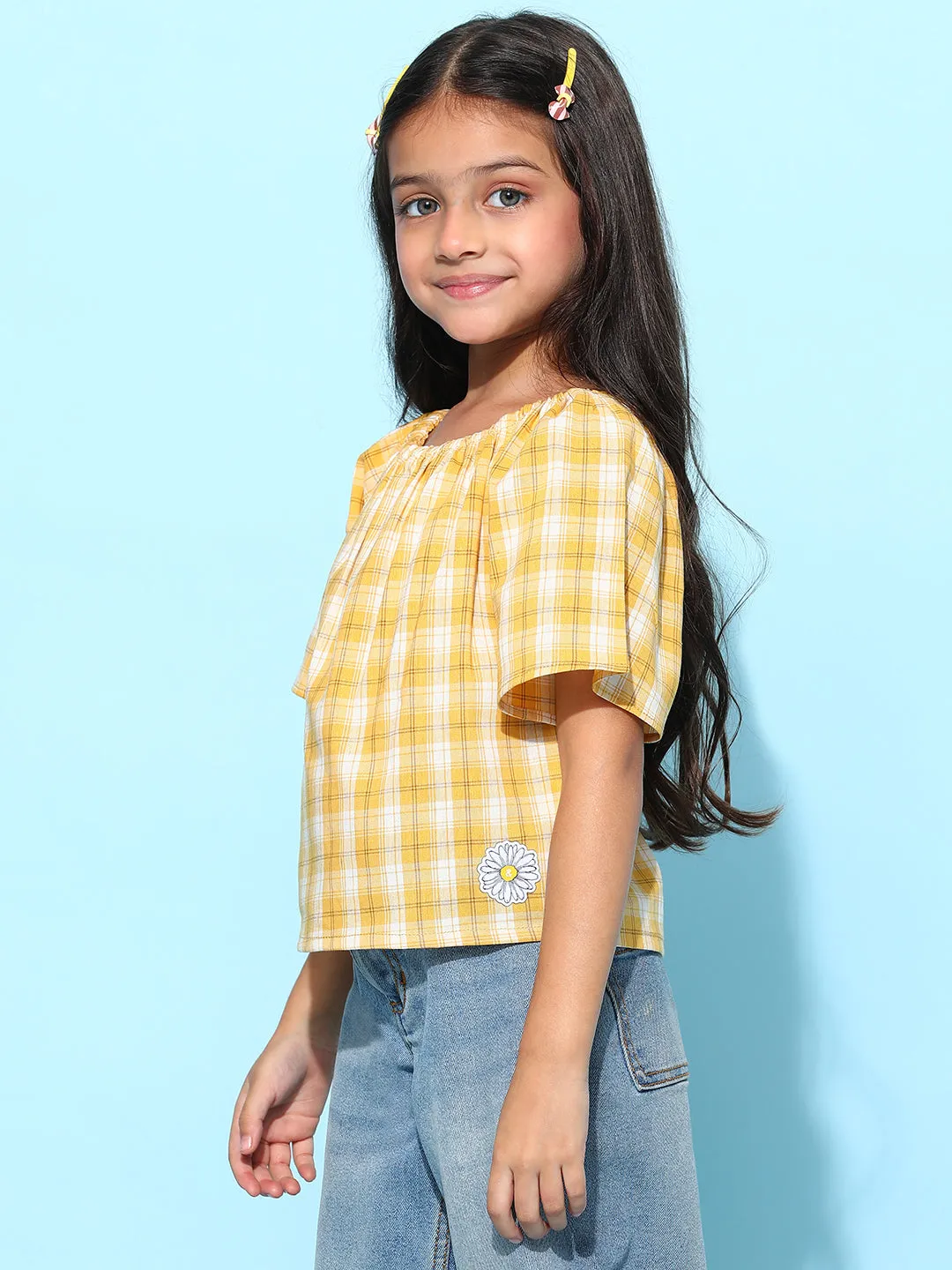 Girls Yellow Cotton Checked Regular Fit Top