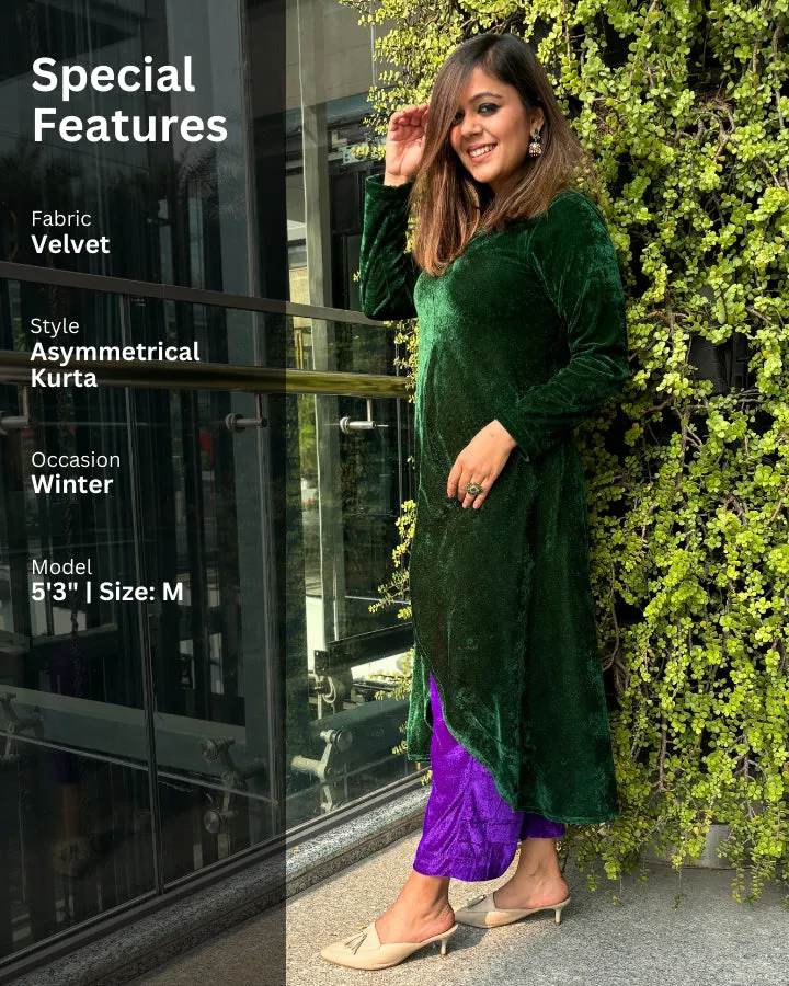 Green Asymmetrical Velvet Kurta For Women