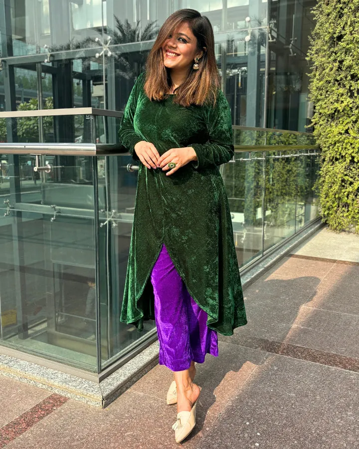 Green Asymmetrical Velvet Kurta For Women