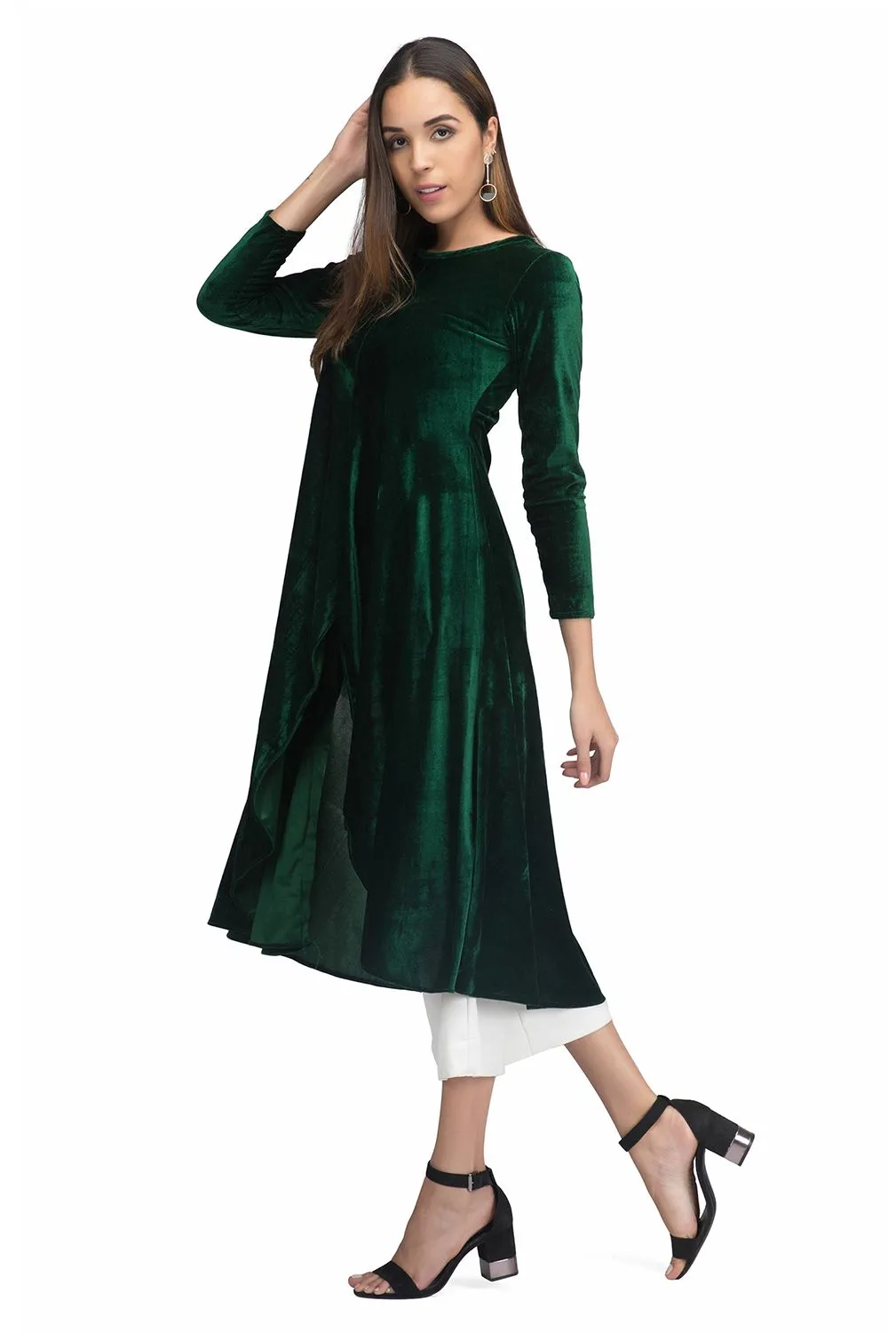 Green Asymmetrical Velvet Kurta For Women