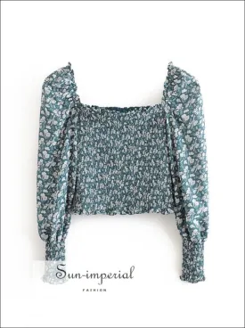 Green Floral Long Sleeve Vintage Blouse