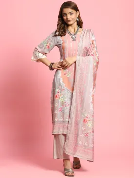 Indiessence Women Grey Floral Printed Kurta Comfort Pant Dupatta