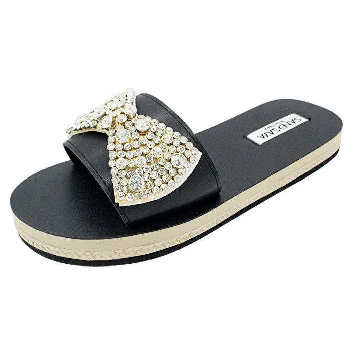 Madison- Crystal Stones Bow- Waterproof Espadrille Flat Slide Sandals for Women