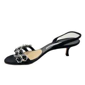 MANOLO BLAHNIK Black & White Slingback Heels with Floral Toe Strap | US 8 1/2 - EU 38 1/2