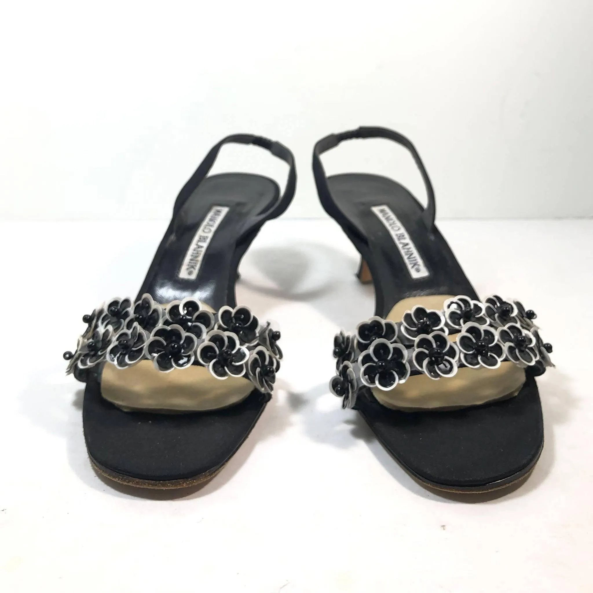 MANOLO BLAHNIK Black & White Slingback Heels with Floral Toe Strap | US 8 1/2 - EU 38 1/2