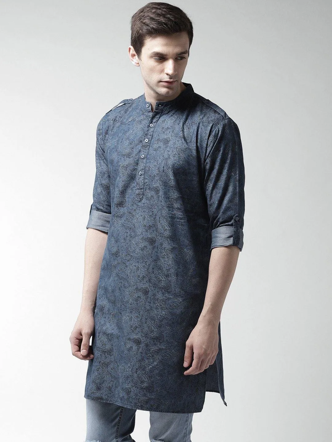 Men Blue Printed Denim Straight Kurta