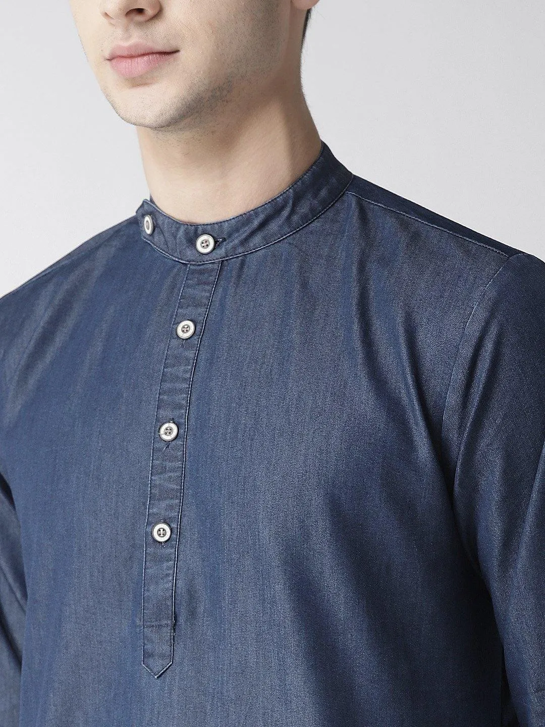 Men Navy Blue Solid Denim Straight Kurta