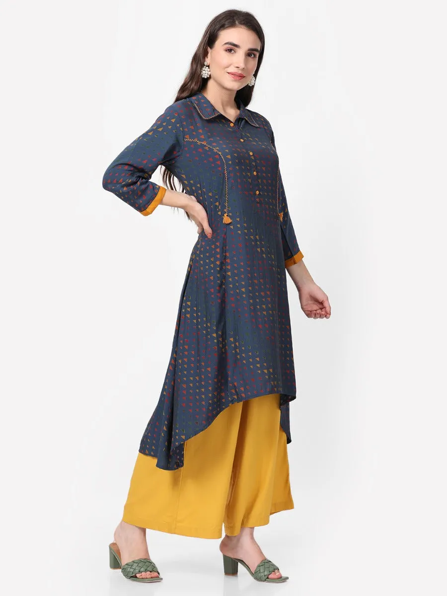 Navy Blue Geometrical Printed Kurta