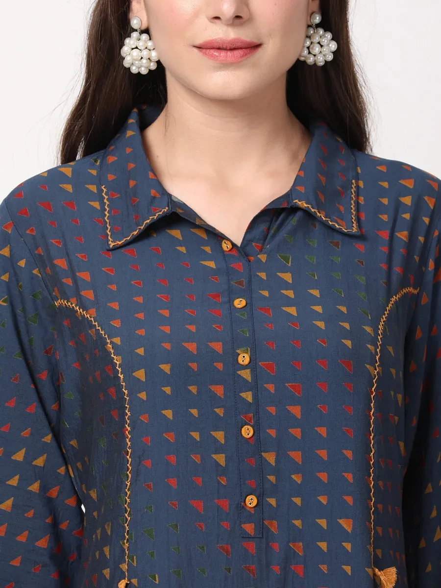 Navy Blue Geometrical Printed Kurta