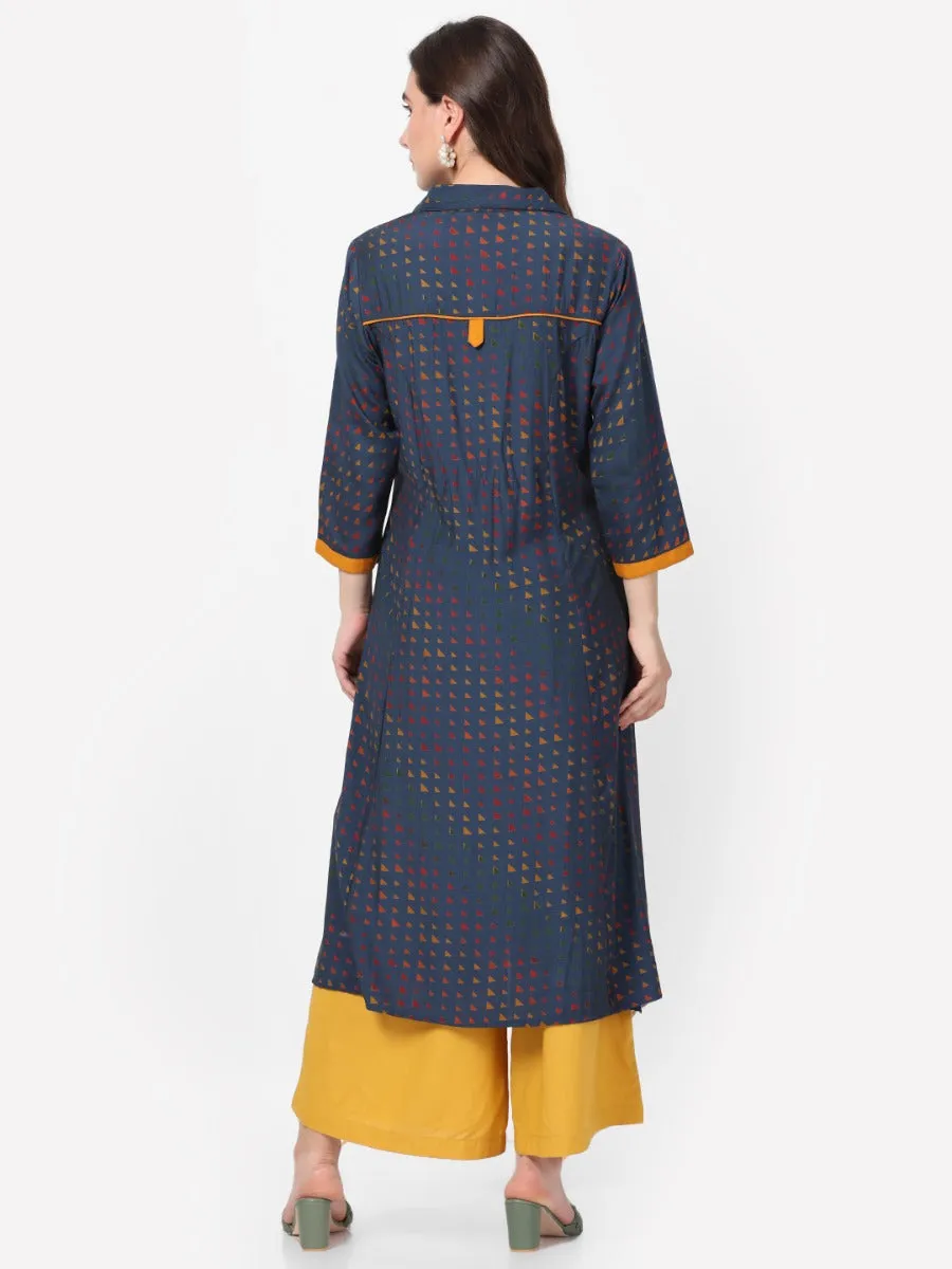 Navy Blue Geometrical Printed Kurta