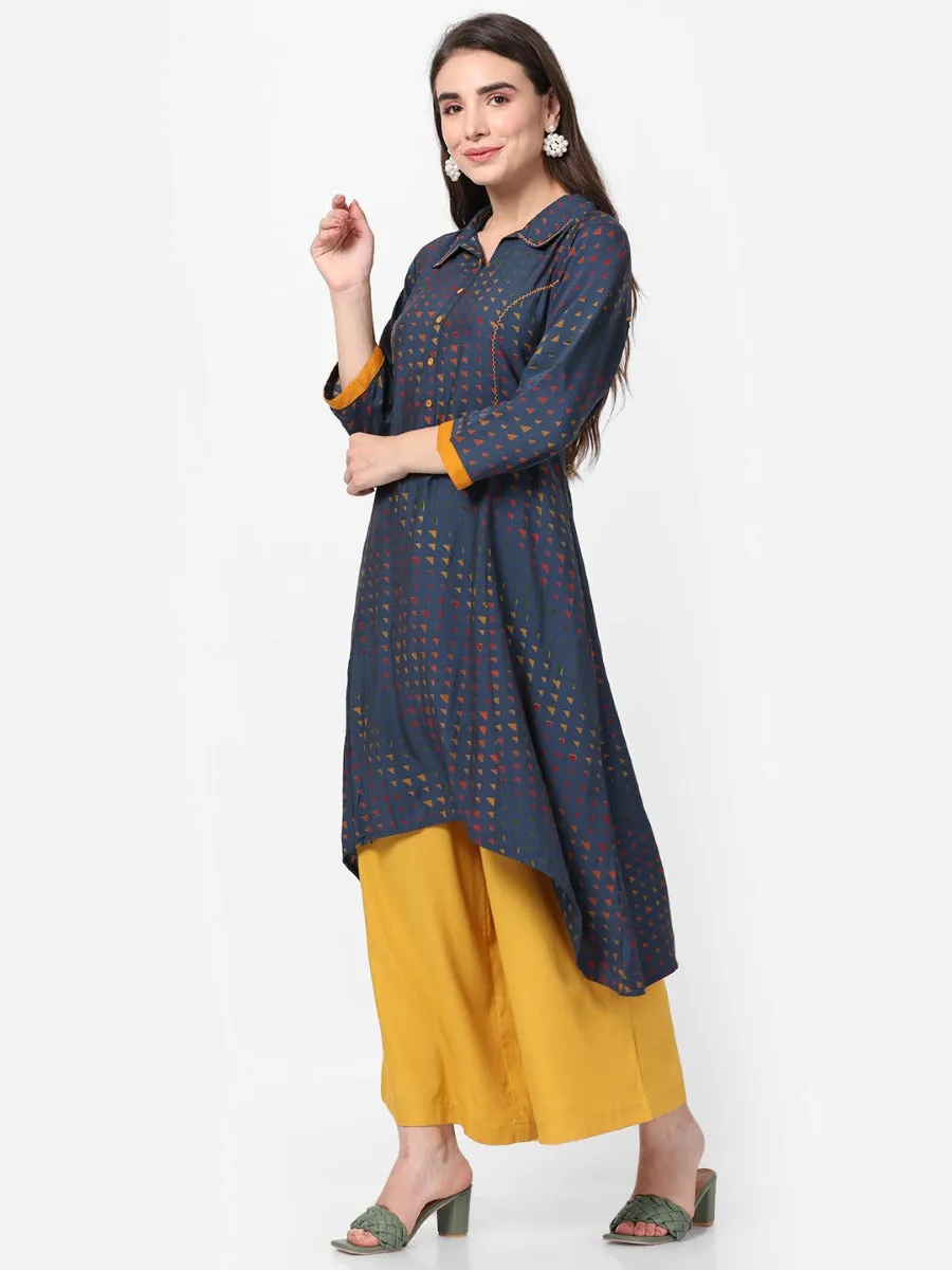 Navy Blue Geometrical Printed Kurta