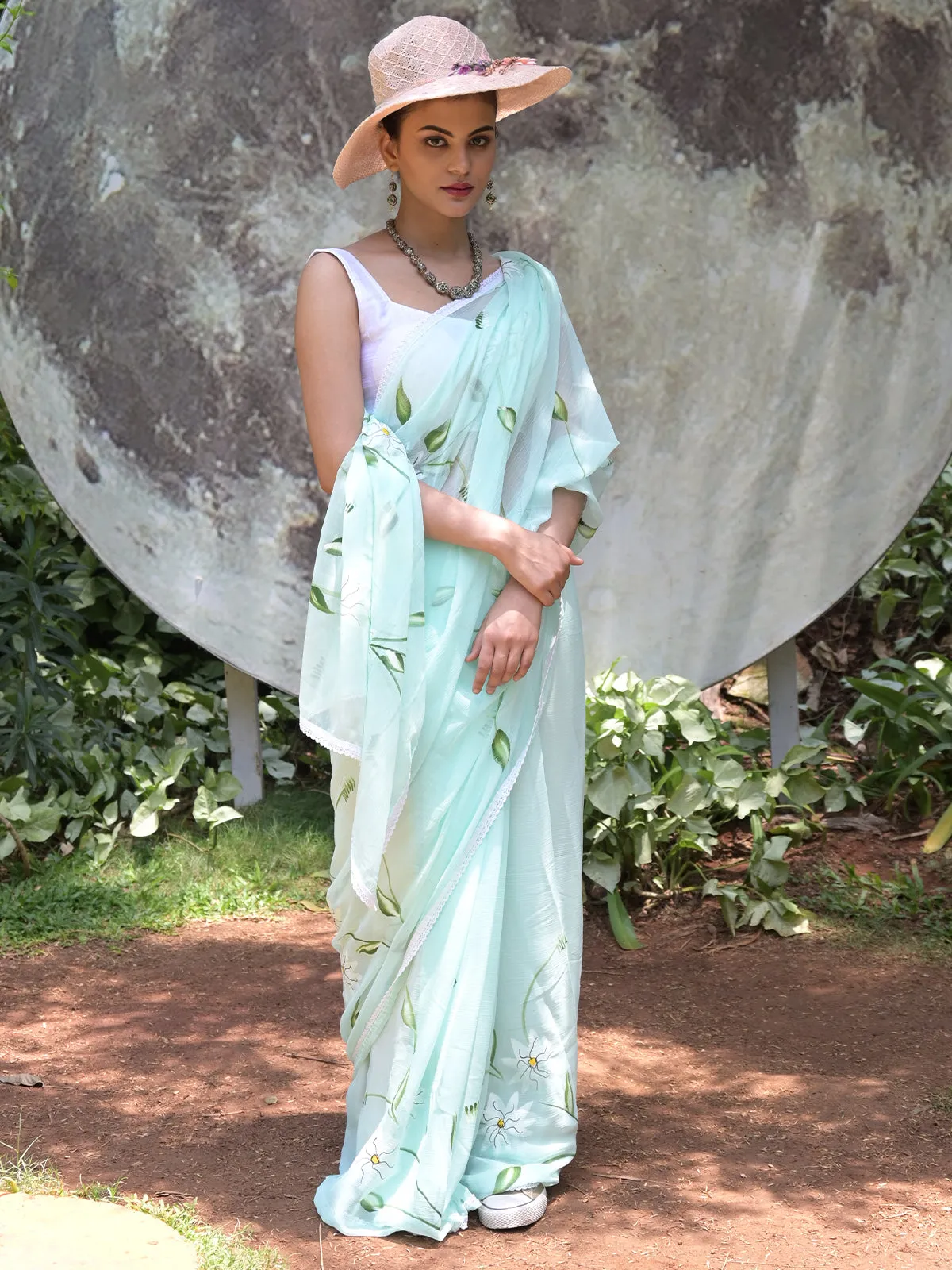 Odett Sea Green Printed Chiffon Saree with Unstitched Blouse for Women