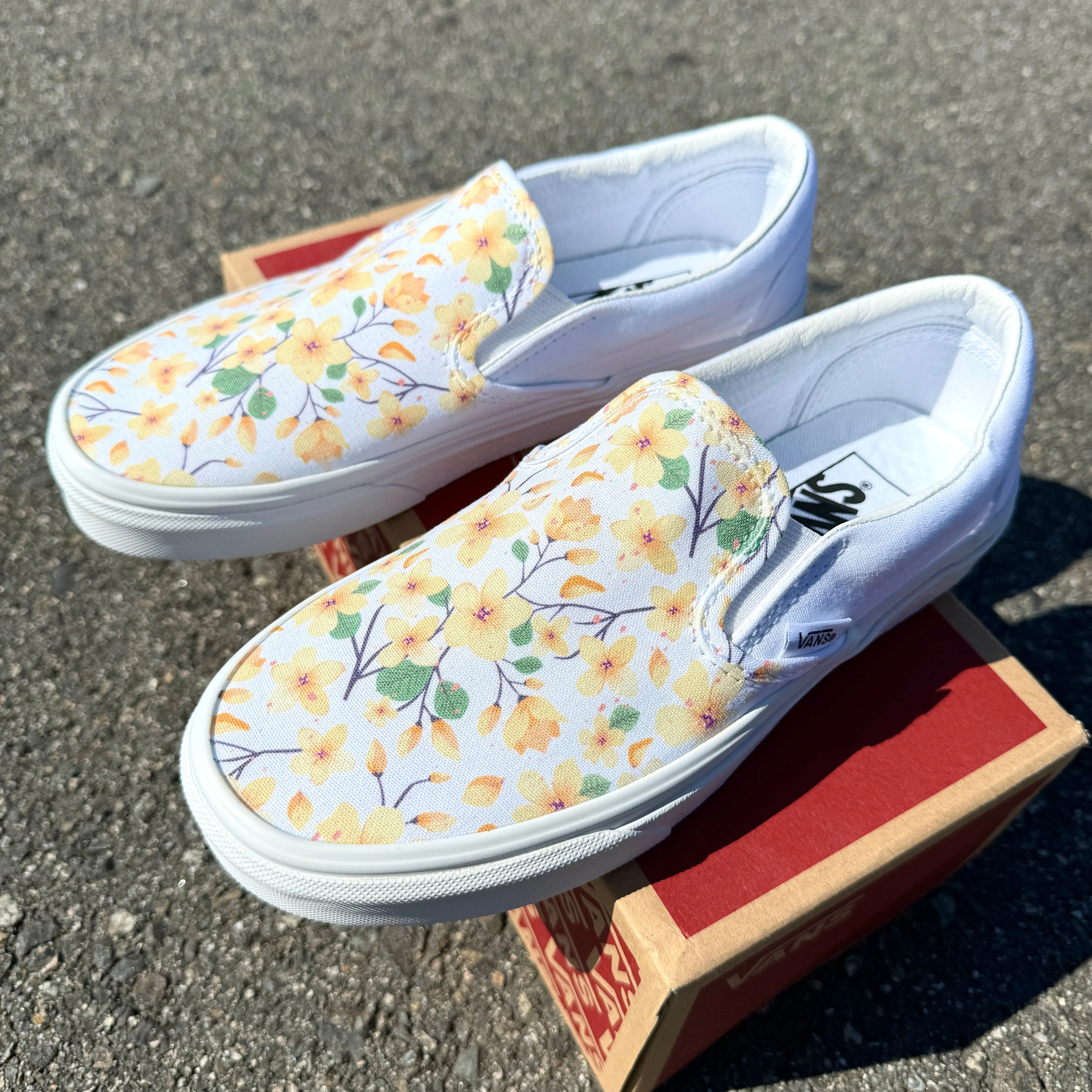 Peach Yellow and Orange Floral Custom Shoes - Custom White Slip On Shoes for Custom Wedding, Bride, Maid of Honor, Bridesmaids, Flower Girl