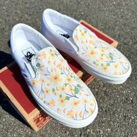 Peach Yellow and Orange Floral Custom Shoes - Custom White Slip On Shoes for Custom Wedding, Bride, Maid of Honor, Bridesmaids, Flower Girl