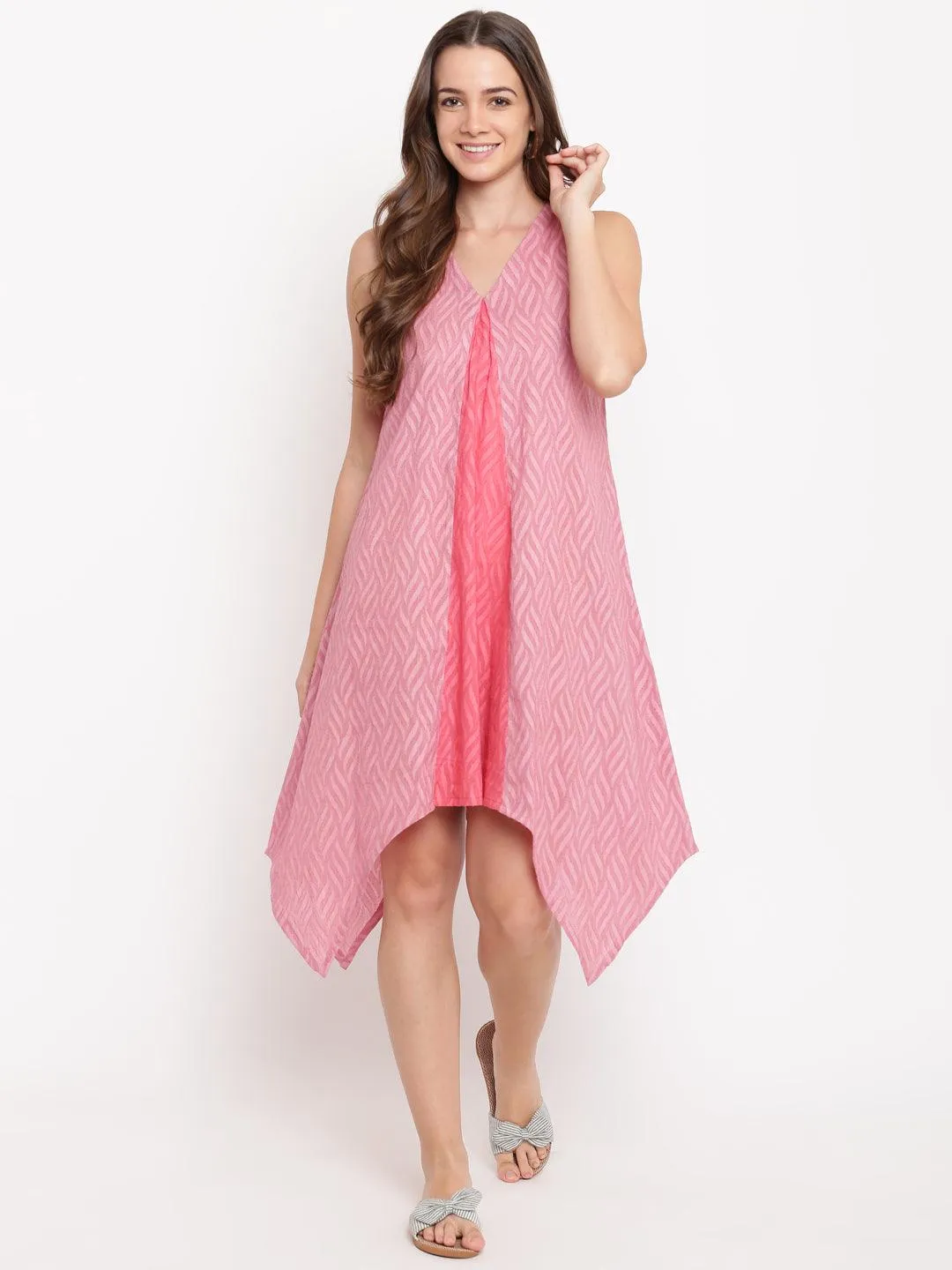 Pink Dobby V-Asymmetric Dress