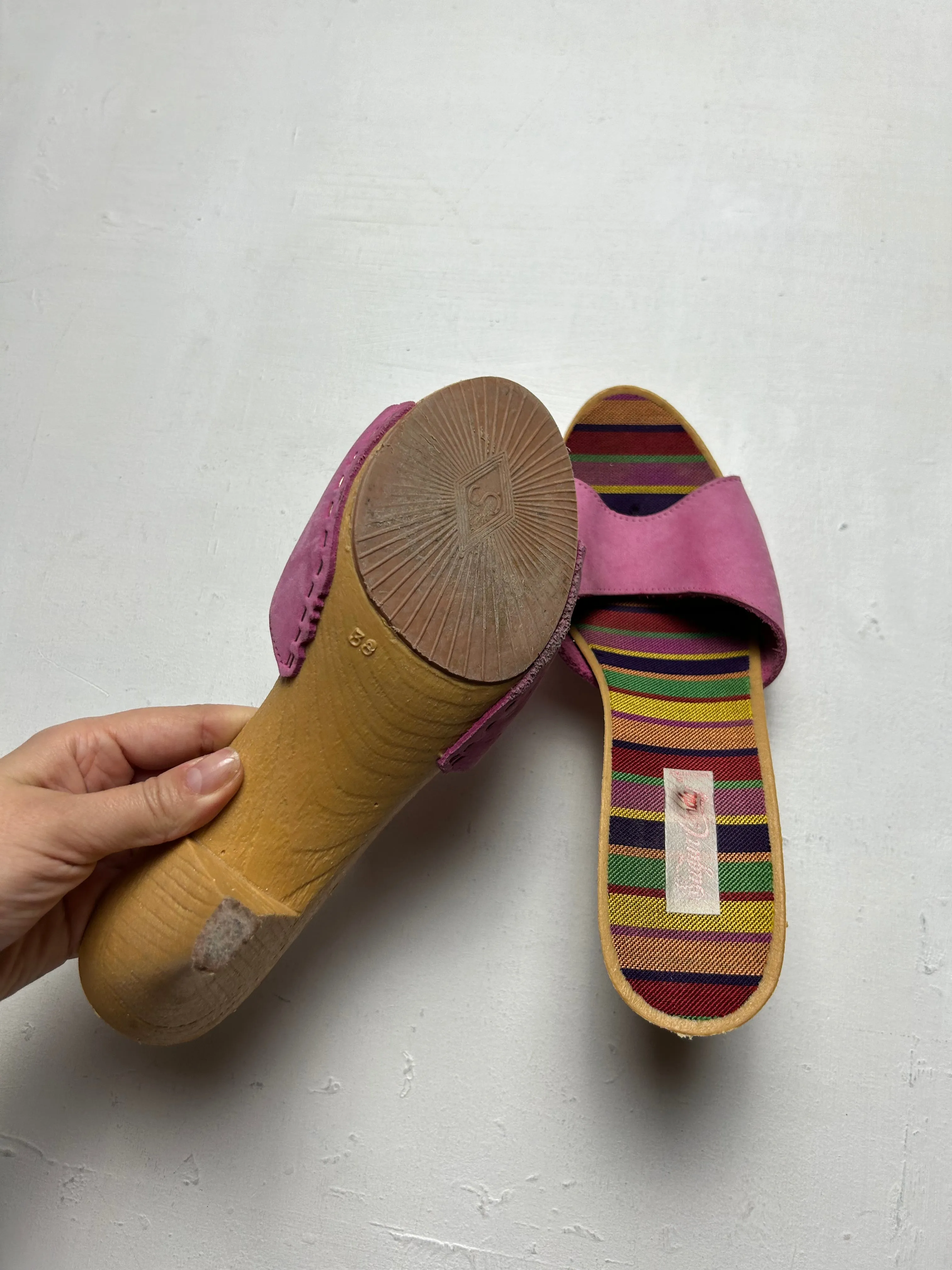 Pink suede wood heels mules y2k vintage (EUR 38)