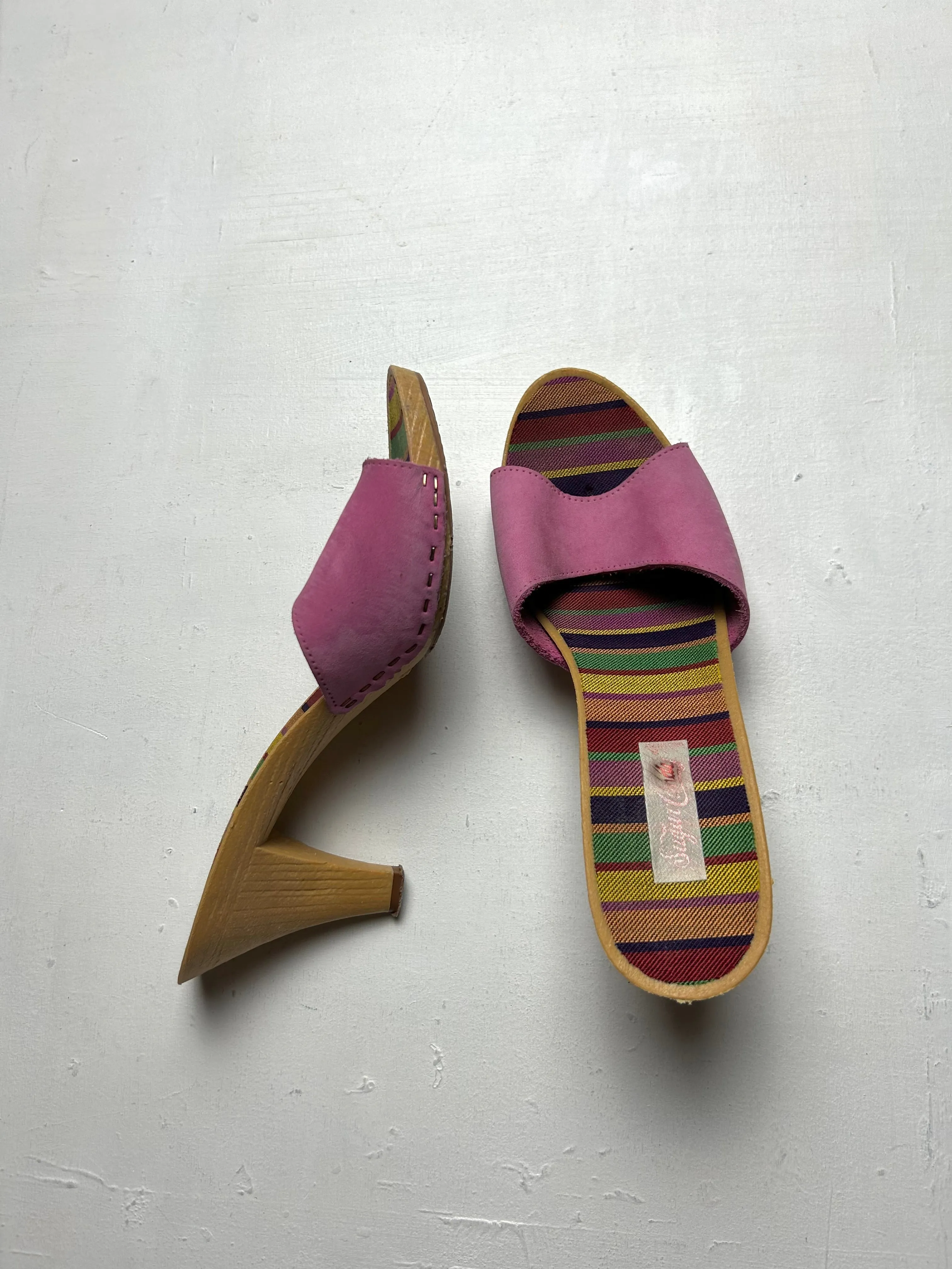 Pink suede wood heels mules y2k vintage (EUR 38)