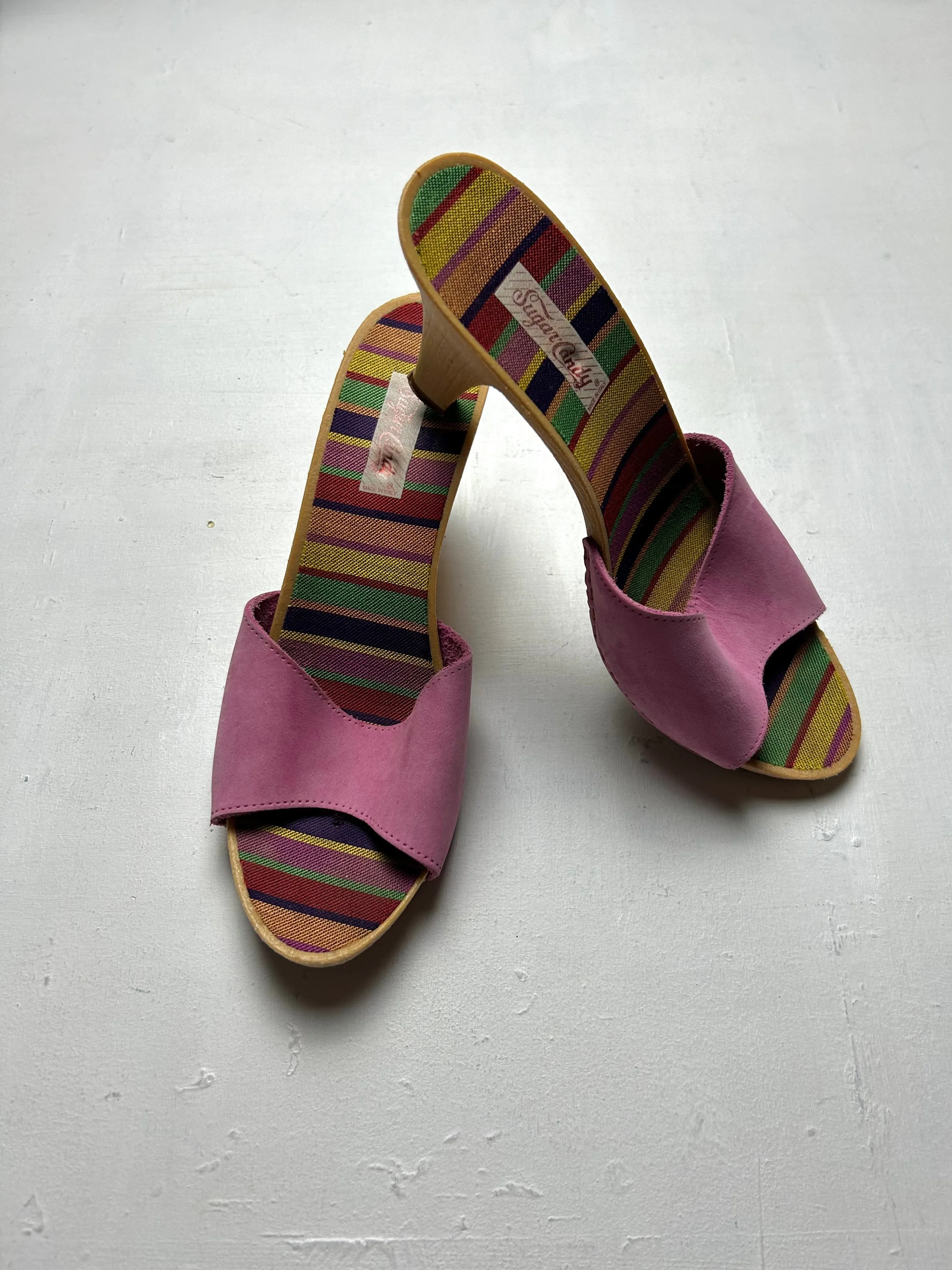 Pink suede wood heels mules y2k vintage (EUR 38)