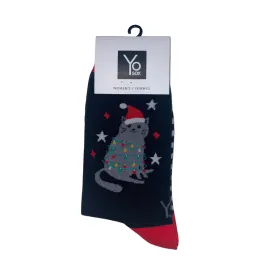 "Christmas Cat" Cotton Dress Crew Socks by YO Sox - Medium