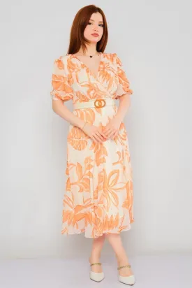 Short Sleeve Floral Georgette Chiffon V-neck Midi Casual dress - Orange