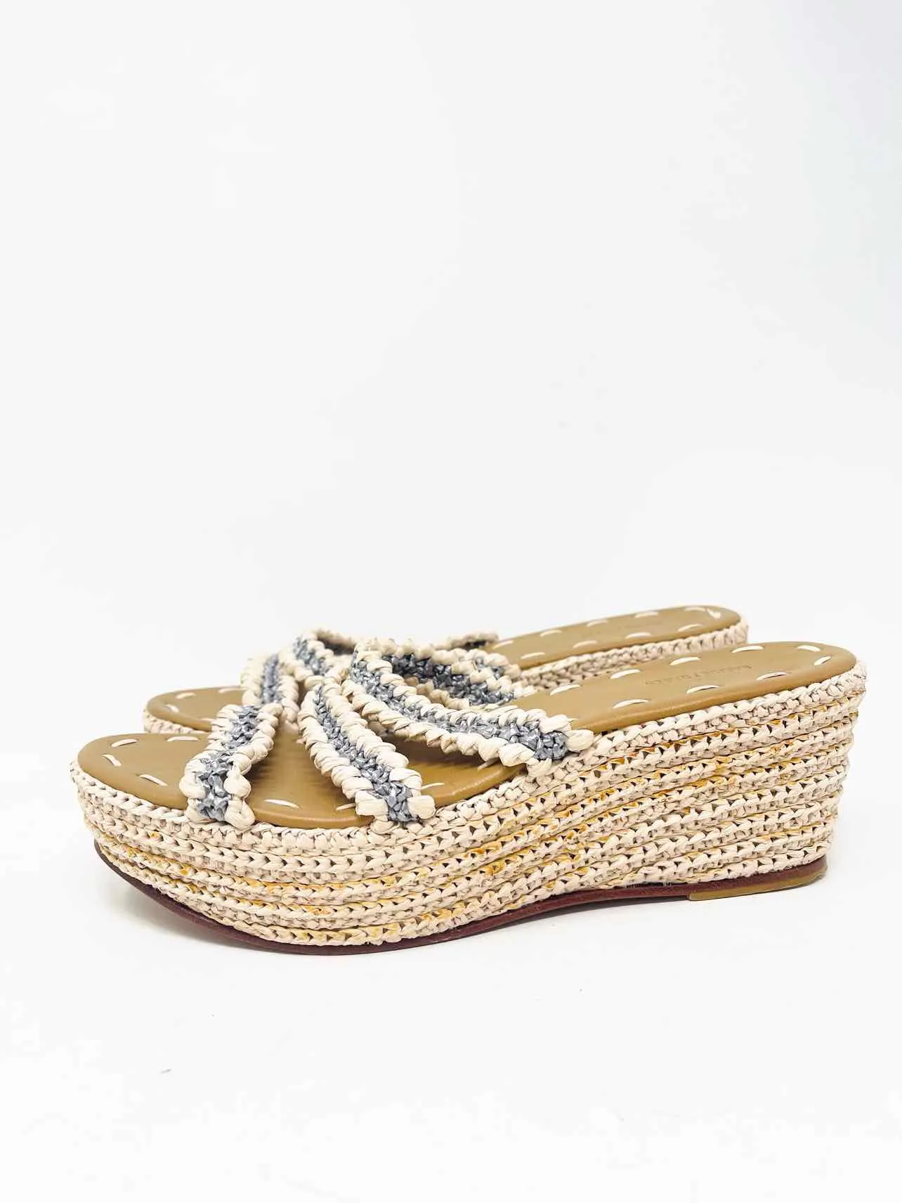 Size 8 Cream/Silver Stripe Woven Designer Wedge Sandal