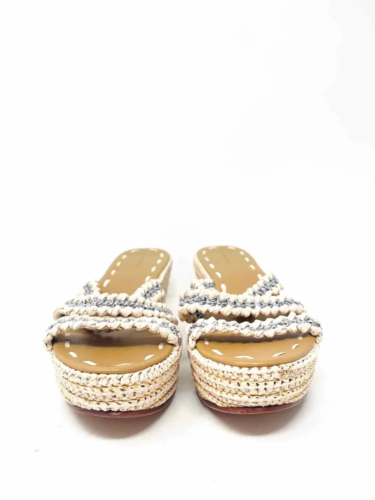 Size 8 Cream/Silver Stripe Woven Designer Wedge Sandal