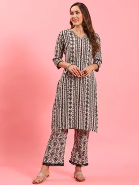 Women Beige Ornamental Printed Kurta With Comfort Pant