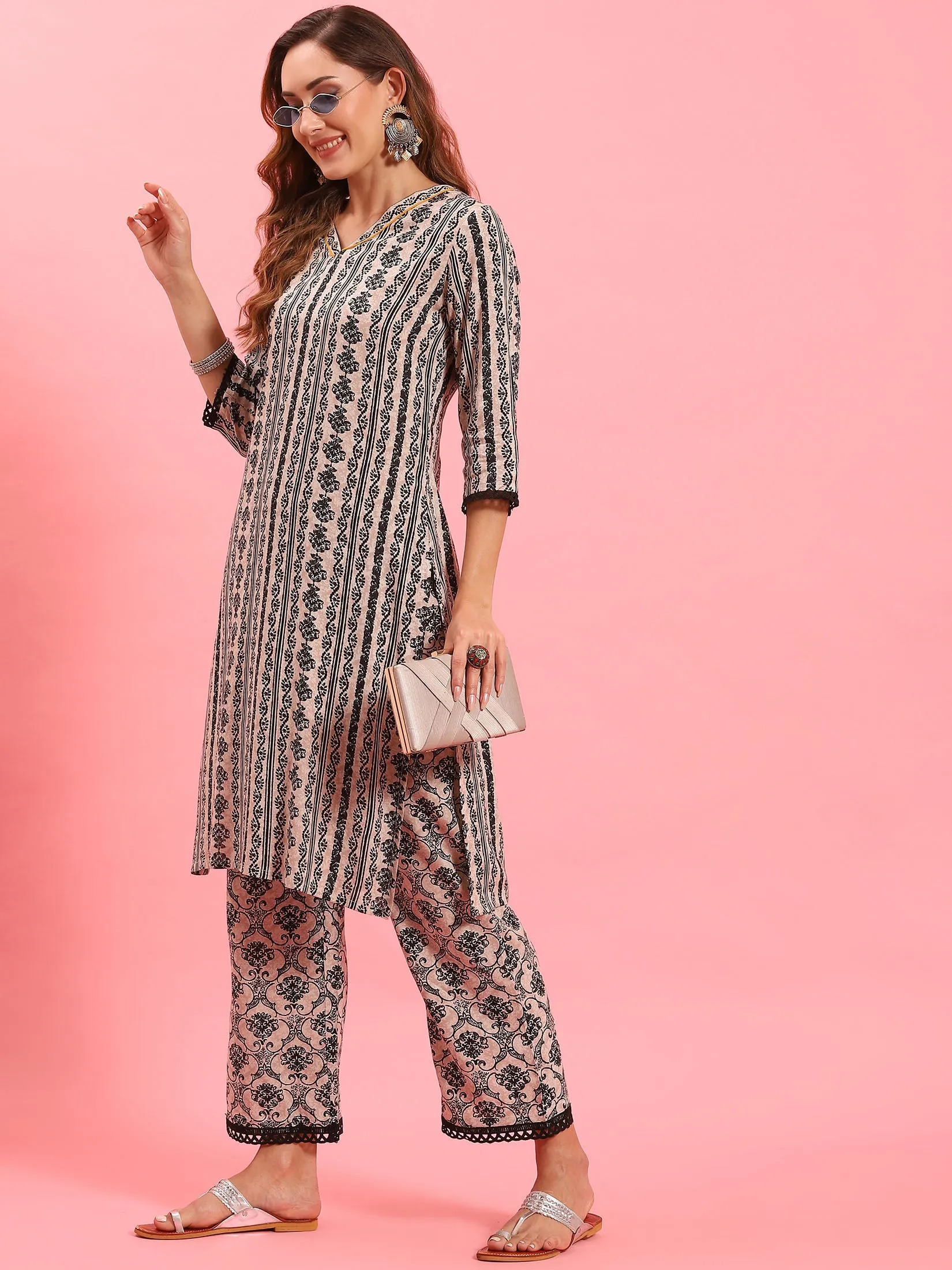 Women Beige Ornamental Printed Kurta With Comfort Pant