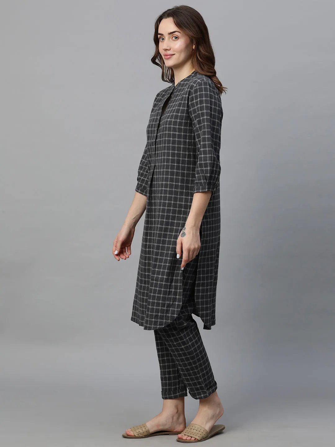 Women's Black Cotton Linen Regular Fit Kurta