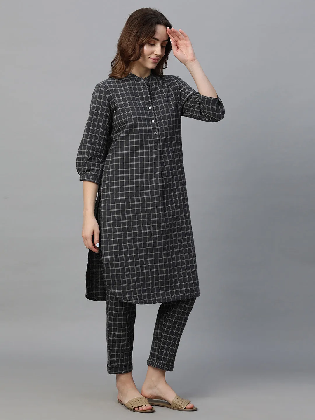 Women's Black Cotton Linen Regular Fit Kurta