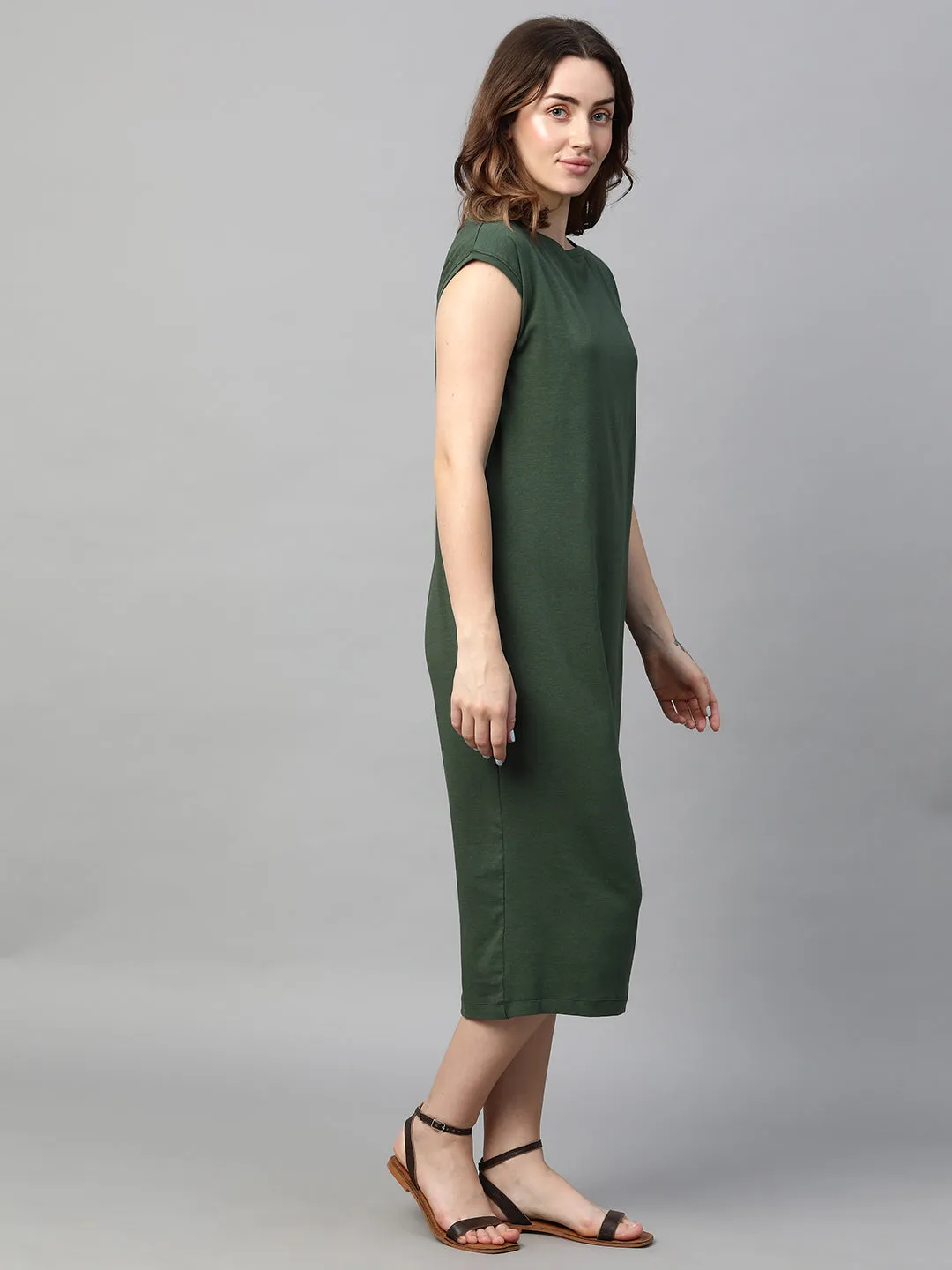 Women's Green Cotton Bamboo Elastane Regular Fit Kdress