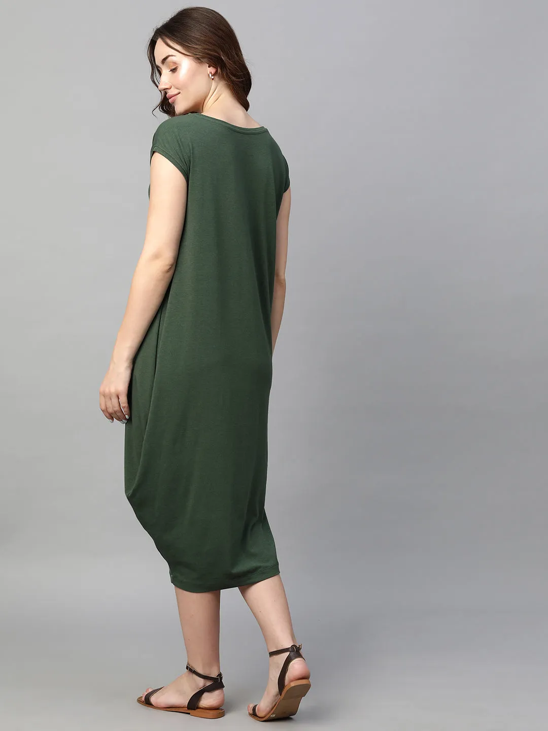 Women's Green Cotton Bamboo Elastane Regular Fit Kdress