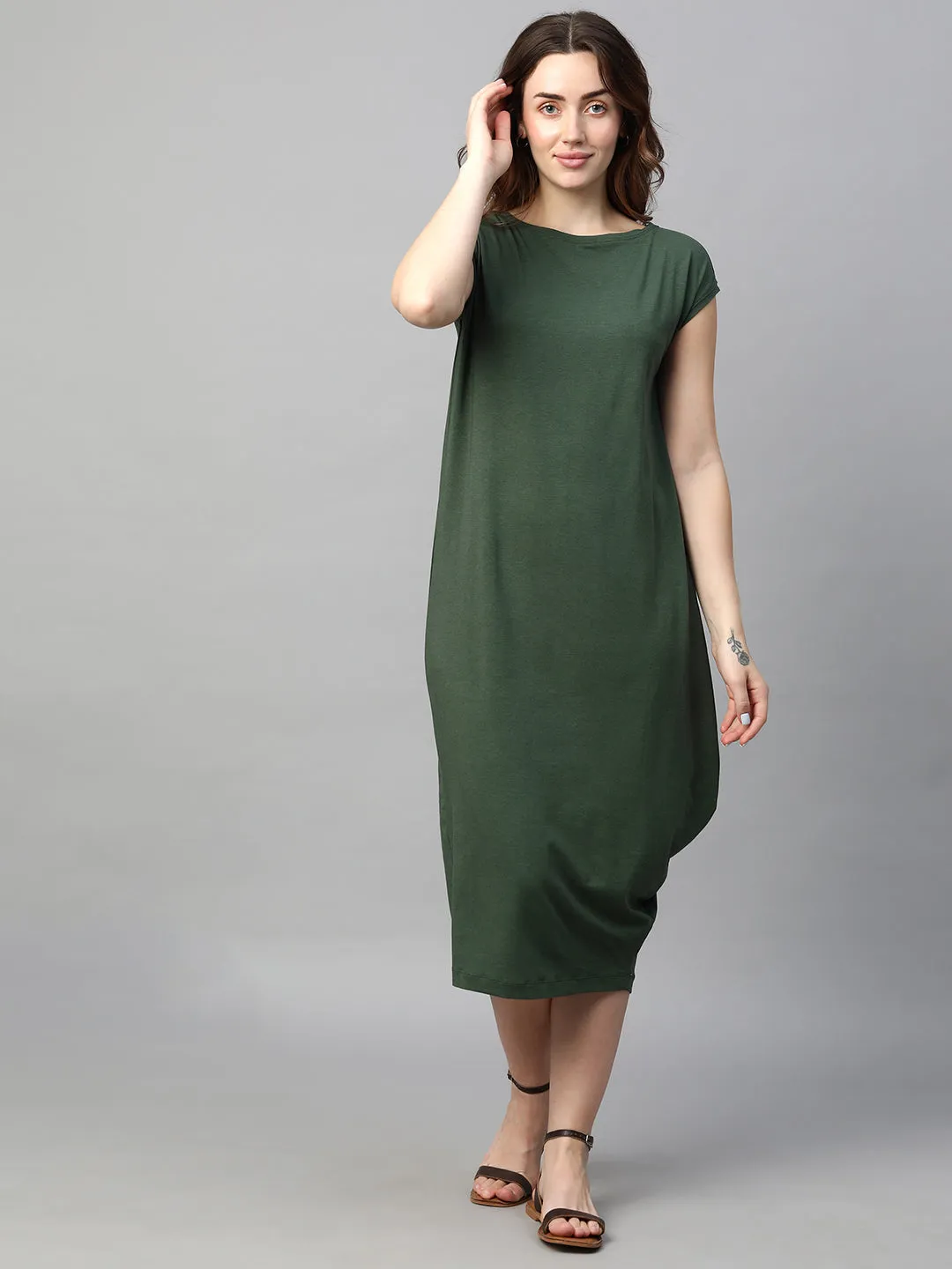 Women's Green Cotton Bamboo Elastane Regular Fit Kdress