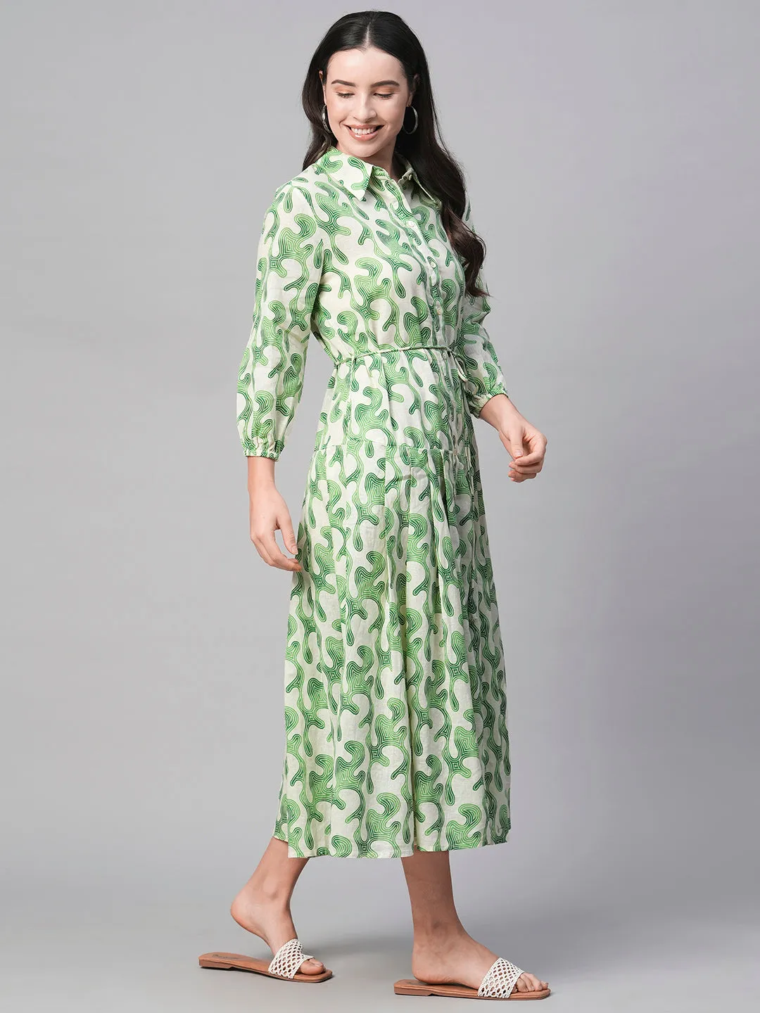 Women's Green Cotton Flax Regular Fit Dress