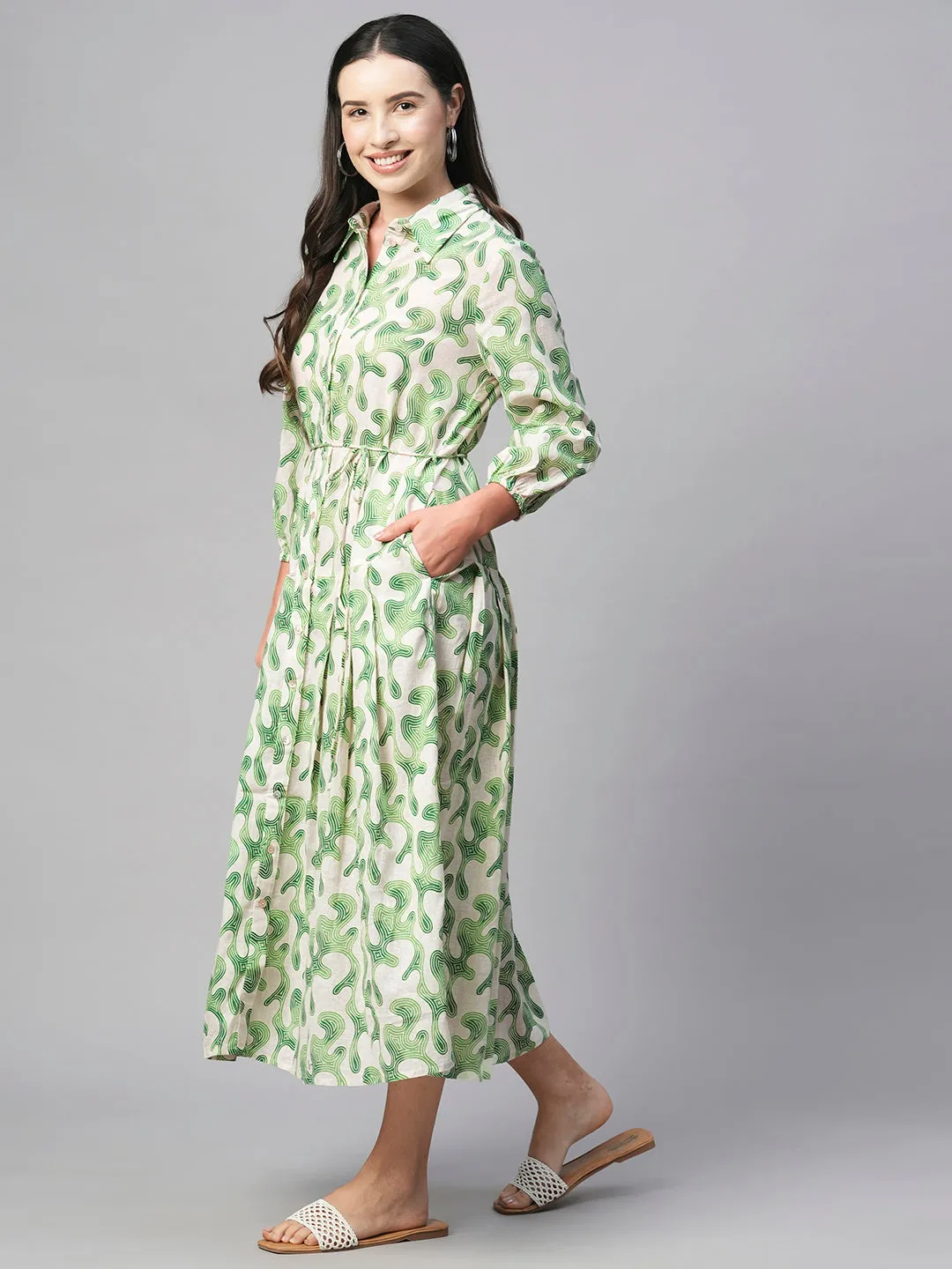 Women's Green Cotton Flax Regular Fit Dress