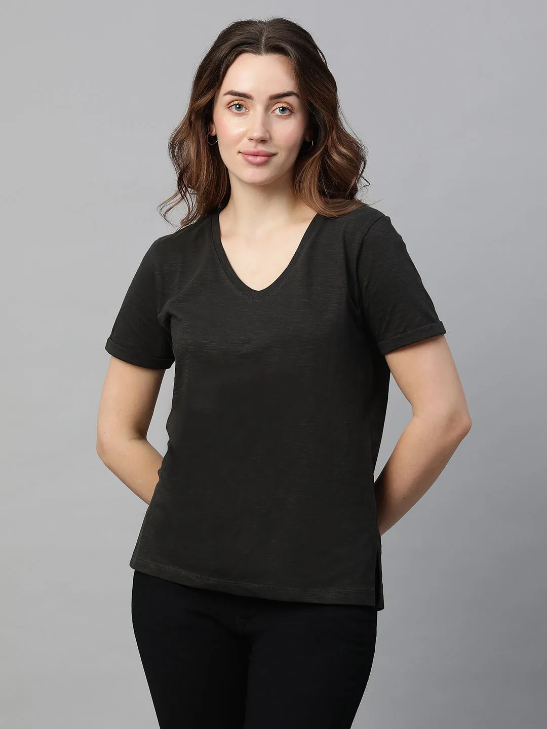 Women's Grey Cotton Regular Fit Tshirt